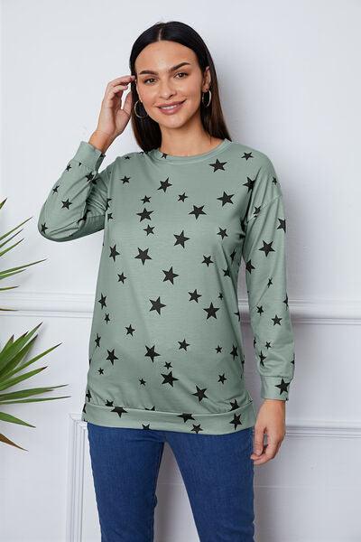 Star Print Round Neck Dropped Shoulder Sweatshirt - Browngold Fashion