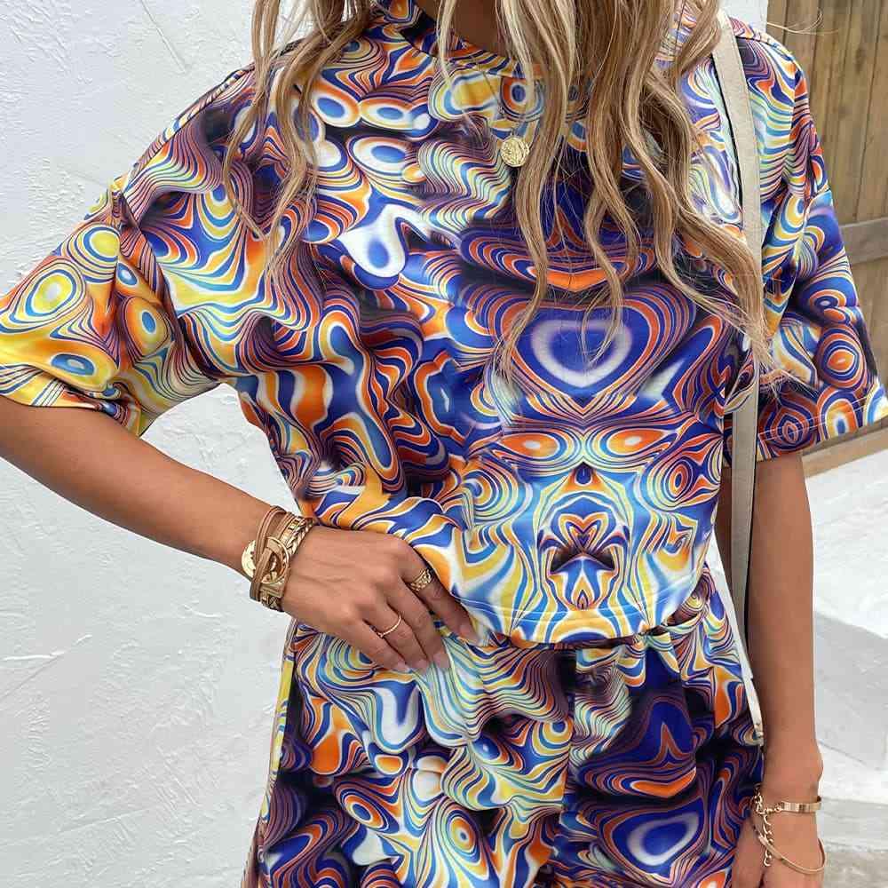 Printed Round Neck Dropped Shoulder Half Sleeve Top and Shorts Set - Browngold Fashion