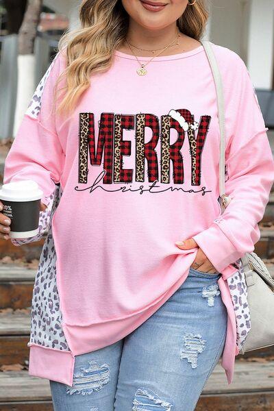 Plus Size MERRY CHRISTMAS Leopard Dropped Shoulder Sweatshirt - Browngold Fashion