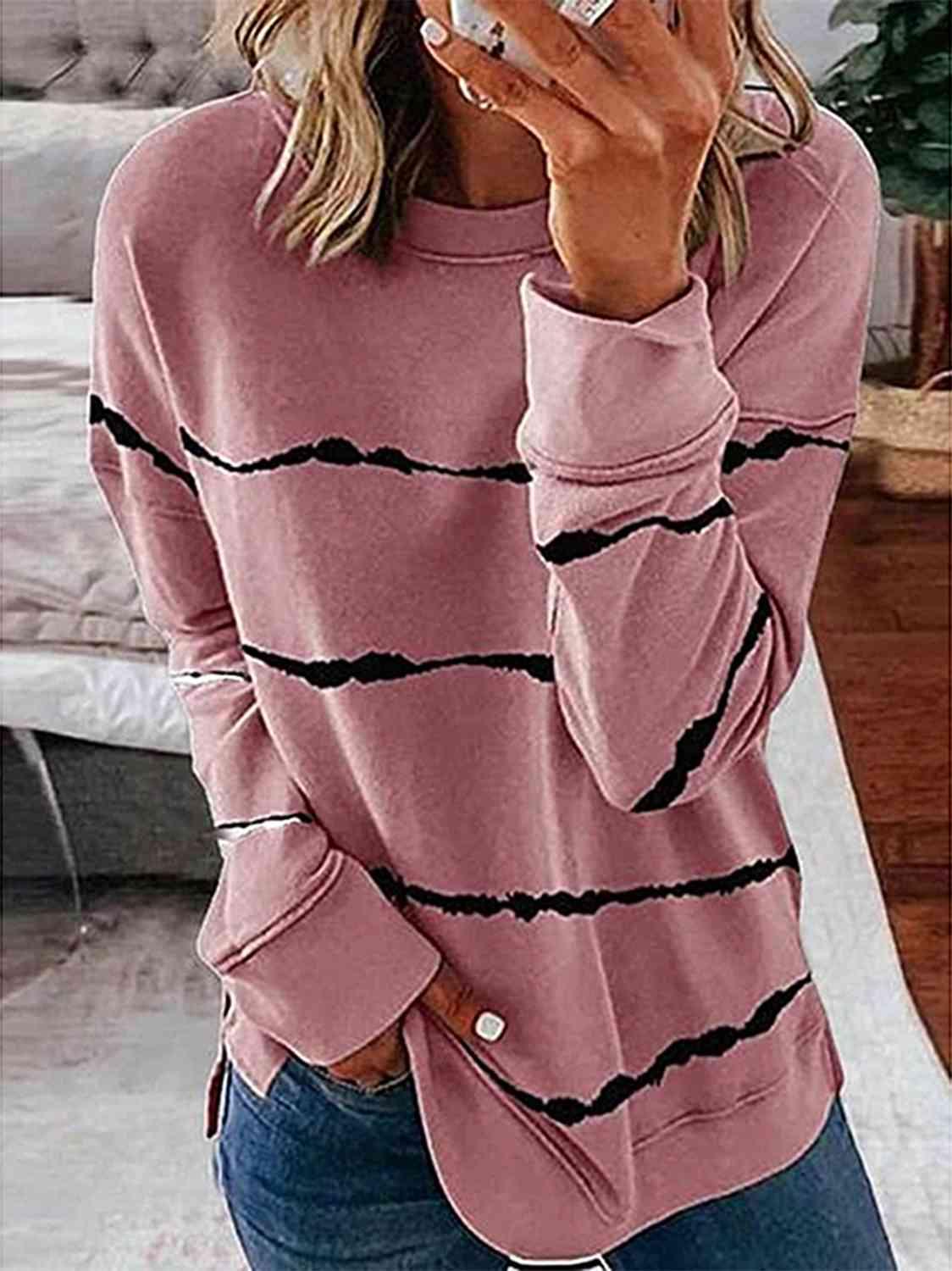 Striped Round Neck Sweatshirt - Browngold Fashion