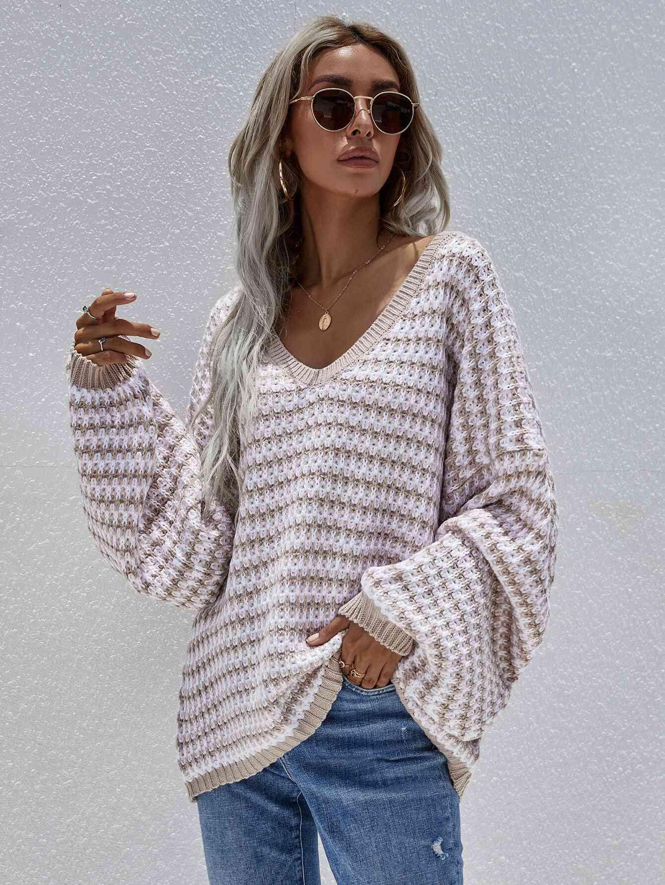 Striped Drop Shoulder V-Neck Pullover Sweater - Browngold Fashion