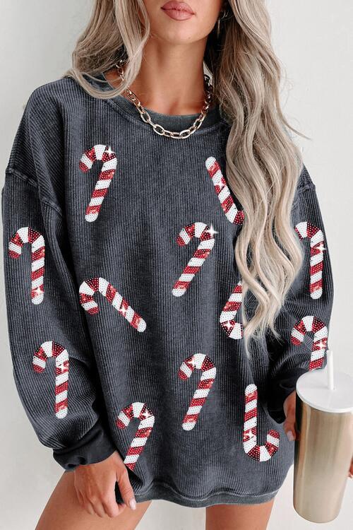 Sequin Candy Cane Round Neck Sweatshirt - Browngold Fashion