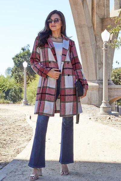 Double Take Full Size Plaid Button Up Lapel Collar Coat - Browngold Fashion