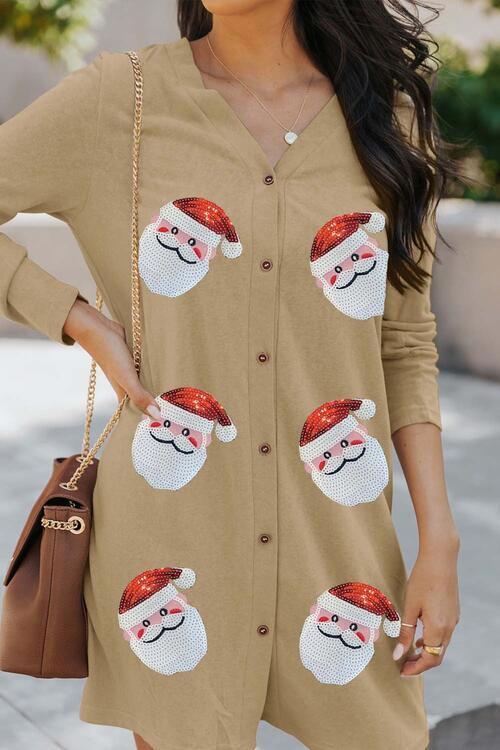 Sequin Santa Button Up Long Sleeve Cardigan - Browngold Fashion