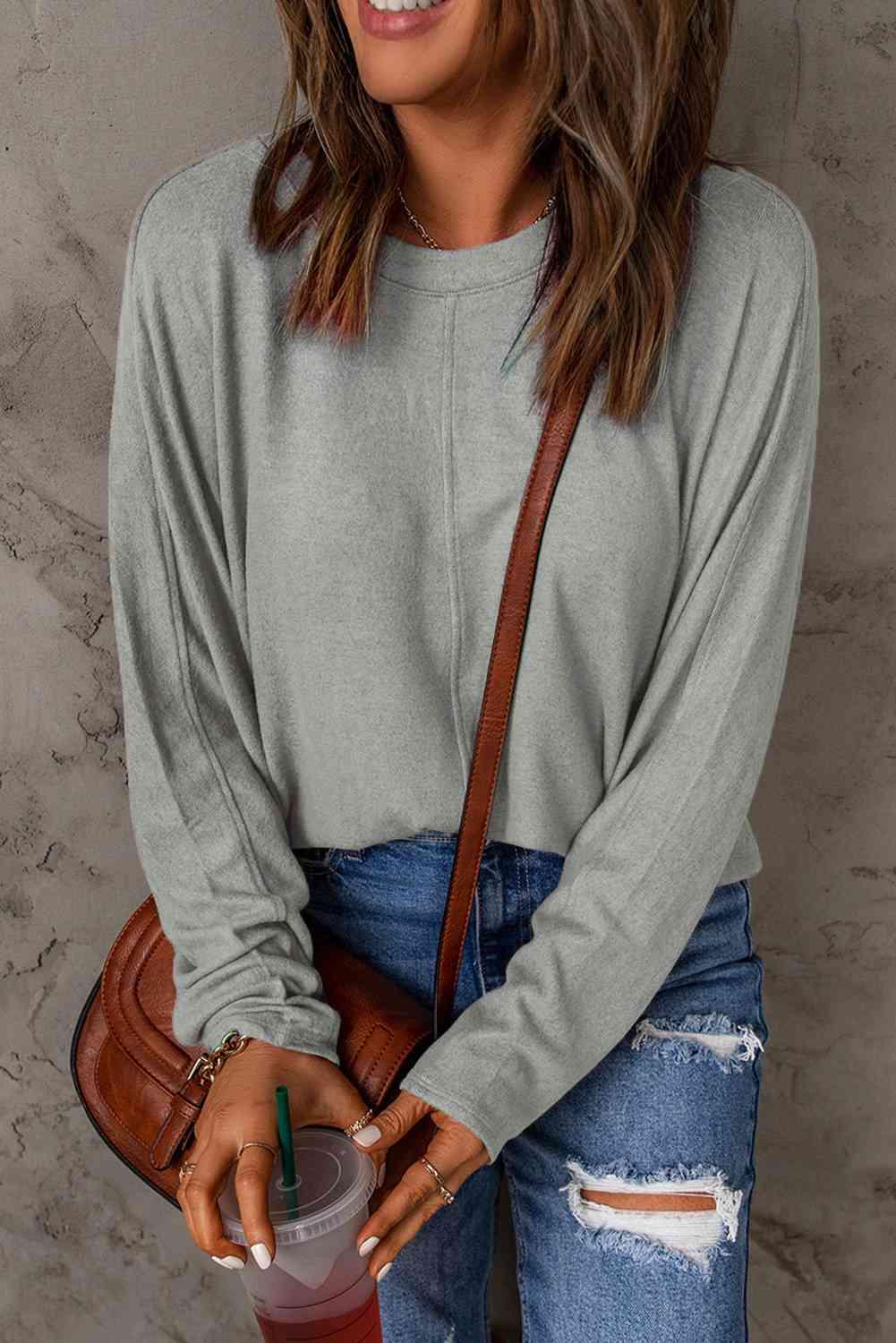 Seam Detail Round Neck Long Sleeve Top - Browngold Fashion