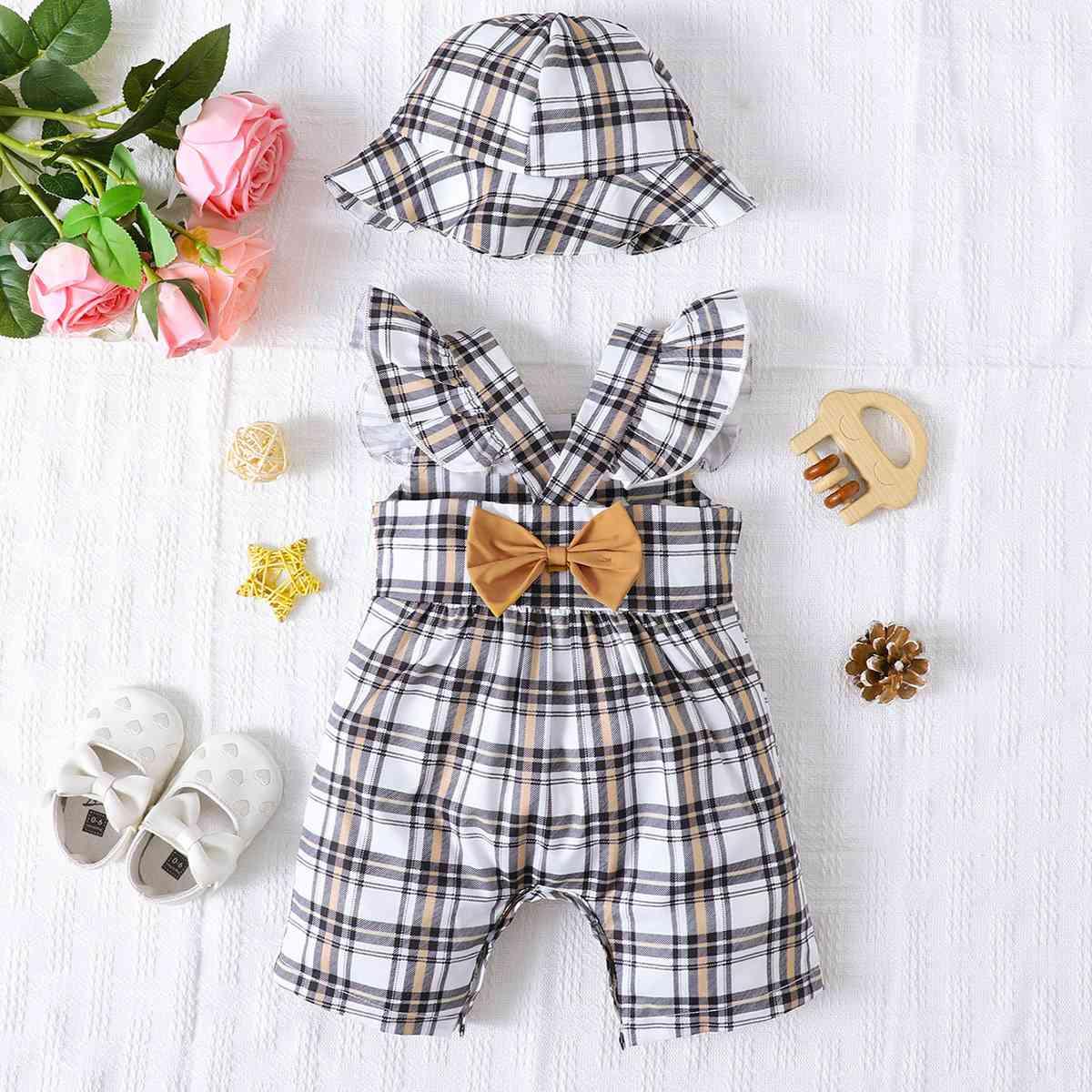 Plaid Square Neck Bow Detail Jumpsuit - Browngold Fashion