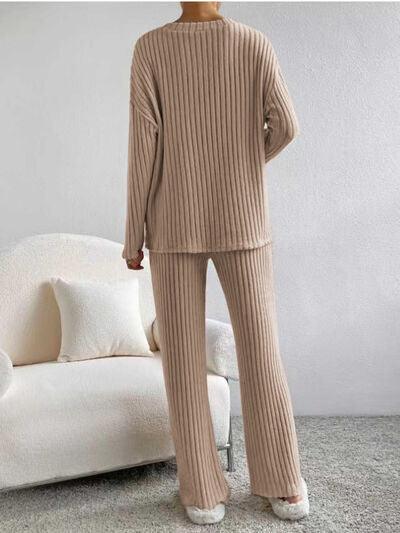 Ribbed V-Neck Long Sleeve Top and Pants Set - Browngold Fashion