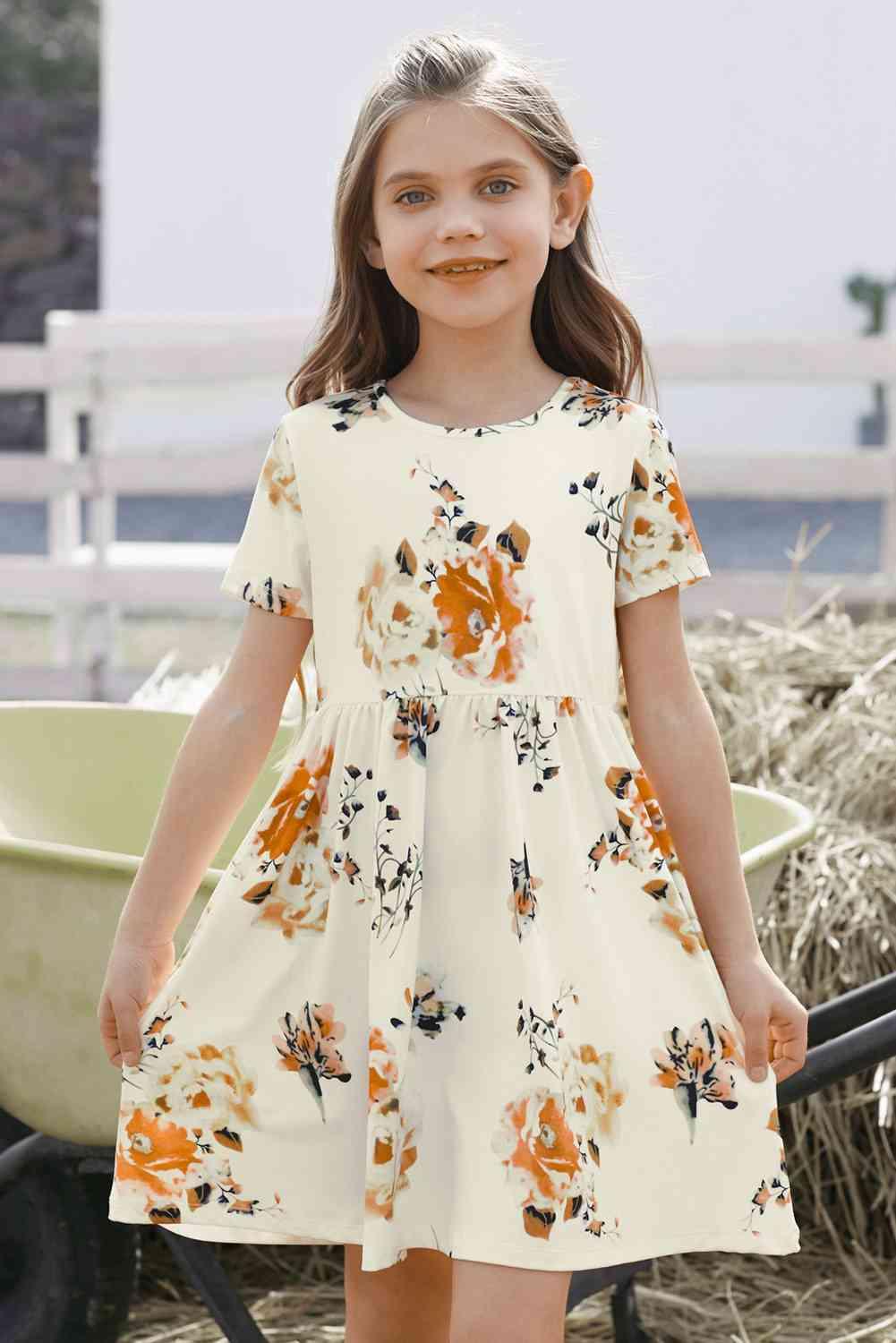 Girls Floral Short Sleeve Round Neck Dress - Browngold Fashion