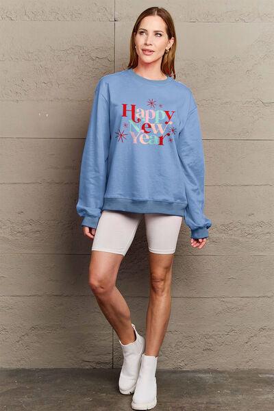 Simply Love Full Size HAPPY NEW YEAR Round Neck Sweatshirt - Browngold Fashion