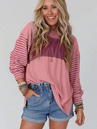 Round Neck Striped Long Sleeve Slit T-Shirt - Browngold Fashion