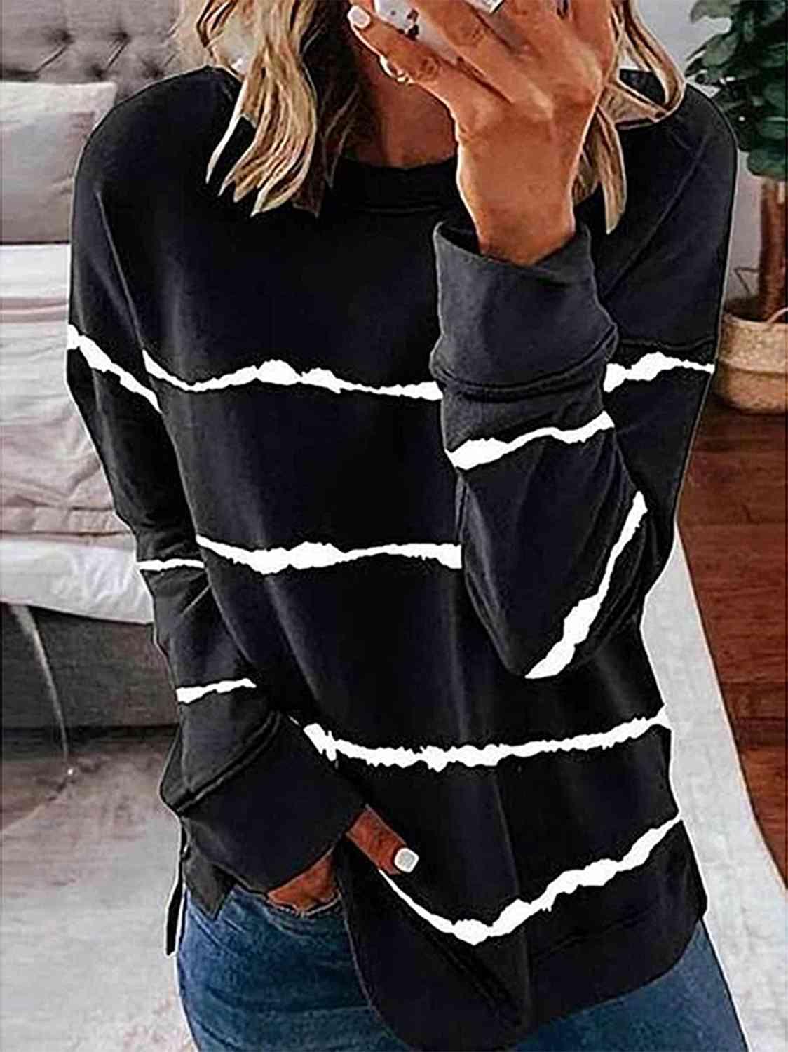 Striped Round Neck Sweatshirt - Browngold Fashion