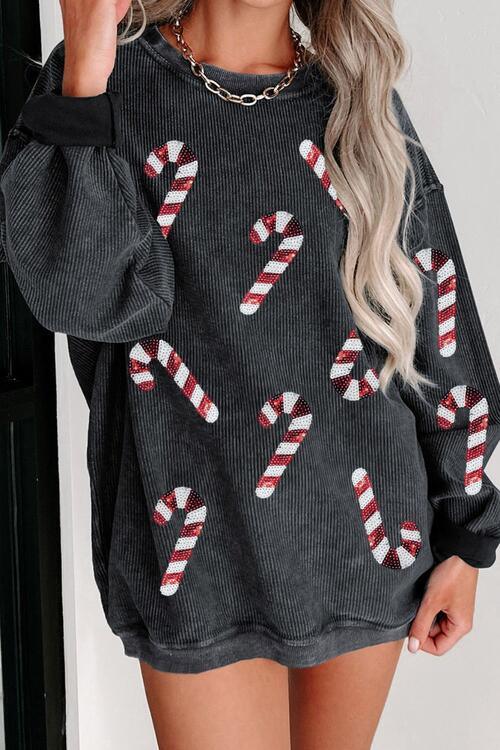 Sequin Candy Cane Round Neck Sweatshirt - Browngold Fashion