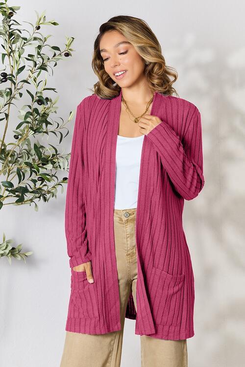 Basic Bae Full Size Ribbed Open Front Cardigan with Pockets - Browngold Fashion