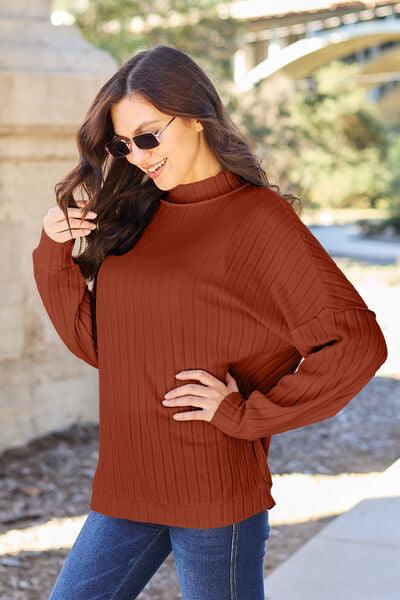 Basic Bae Full Size Ribbed Exposed Seam Mock Neck Knit Top - Browngold Fashion