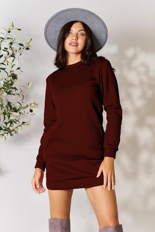 Double Take Round Neck Long Sleeve Mini Dress with Pockets - Browngold Fashion