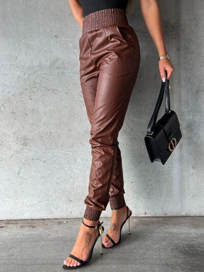 Smocked High Waist Pants with Pockets - Browngold Fashion