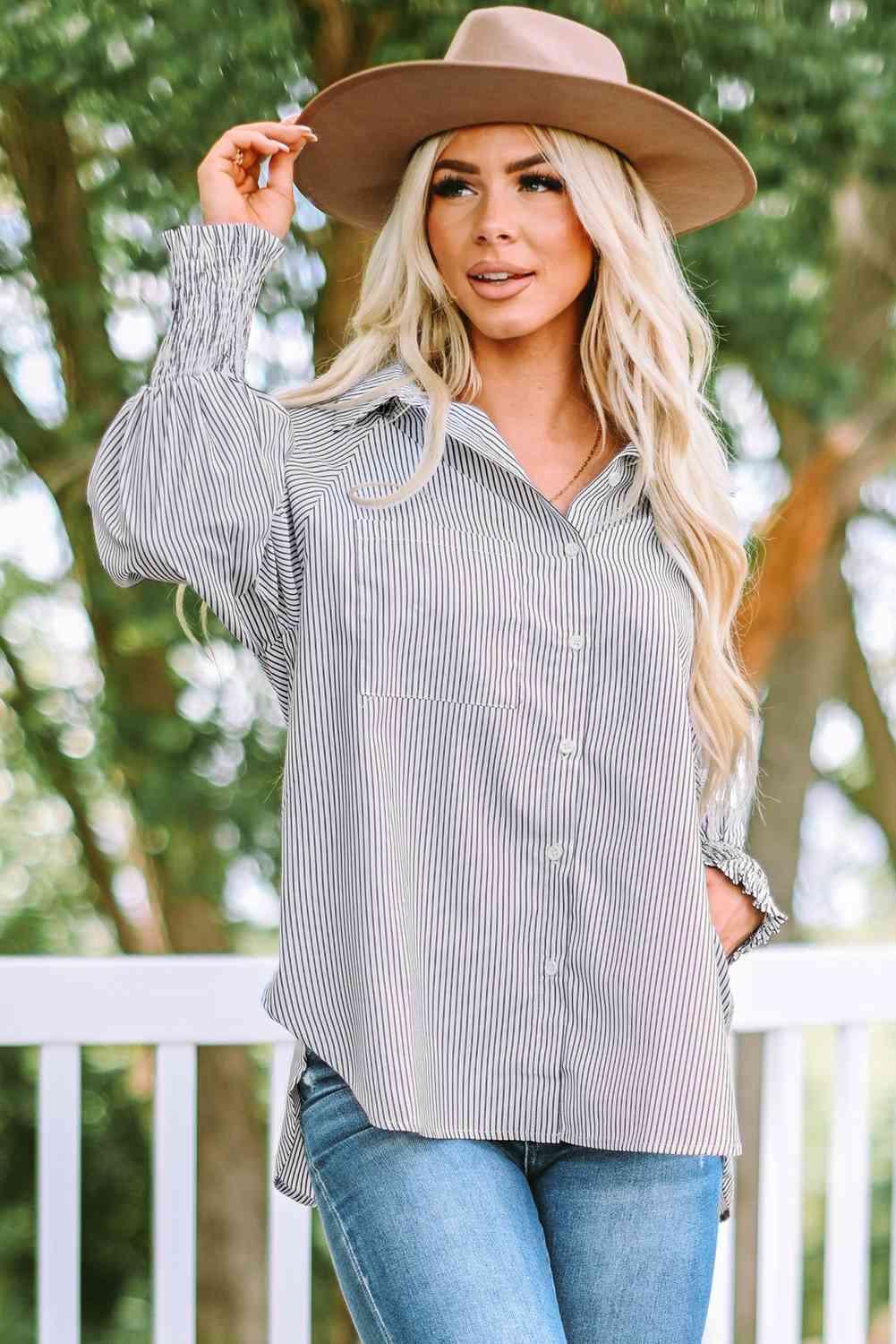 Striped Lantern Sleeve Collared Shirt - Browngold Fashion