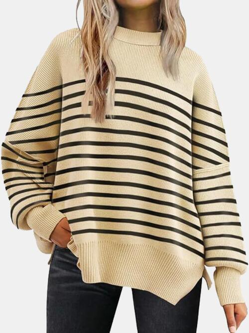 Round Neck Drop Shoulder Slit Sweater - Browngold Fashion