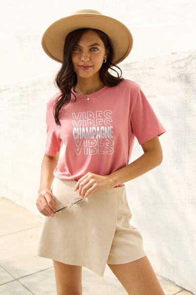 Simply Love Full Size CHAMPAGNE VIBES Round Neck T-Shirt - Browngold Fashion