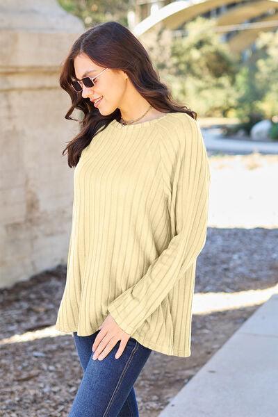 Basic Bae Full Size Ribbed Round Neck Long Sleeve Knit Top - Browngold Fashion