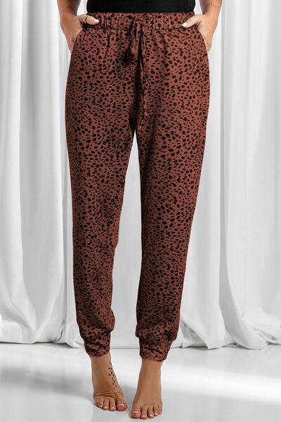 Full Size Leopard Drawstring Pocketed Pants - Browngold Fashion