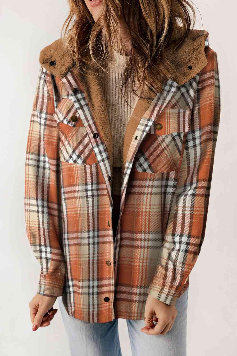 Plaid Snap Down Hooded Jacket - Browngold Fashion