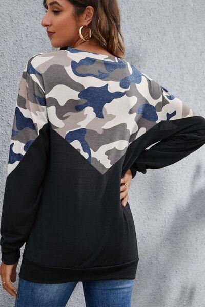 Camouflage Round Neck Long Sleeve Sweatshirt - Browngold Fashion