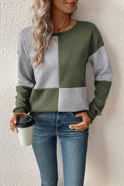 Textured Color Block Round Neck Sweatshirt - Browngold Fashion