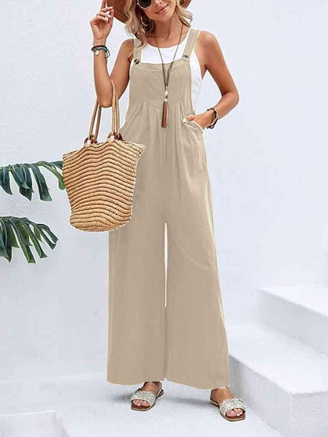 Full Size Wide Leg Overalls with Pockets - Browngold Fashion