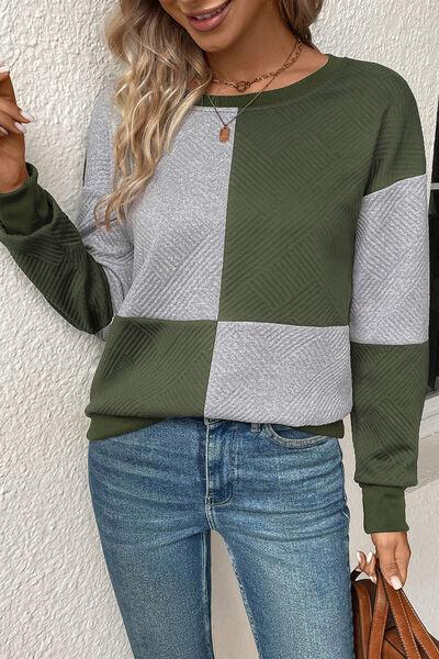 Textured Color Block Round Neck Sweatshirt - Browngold Fashion