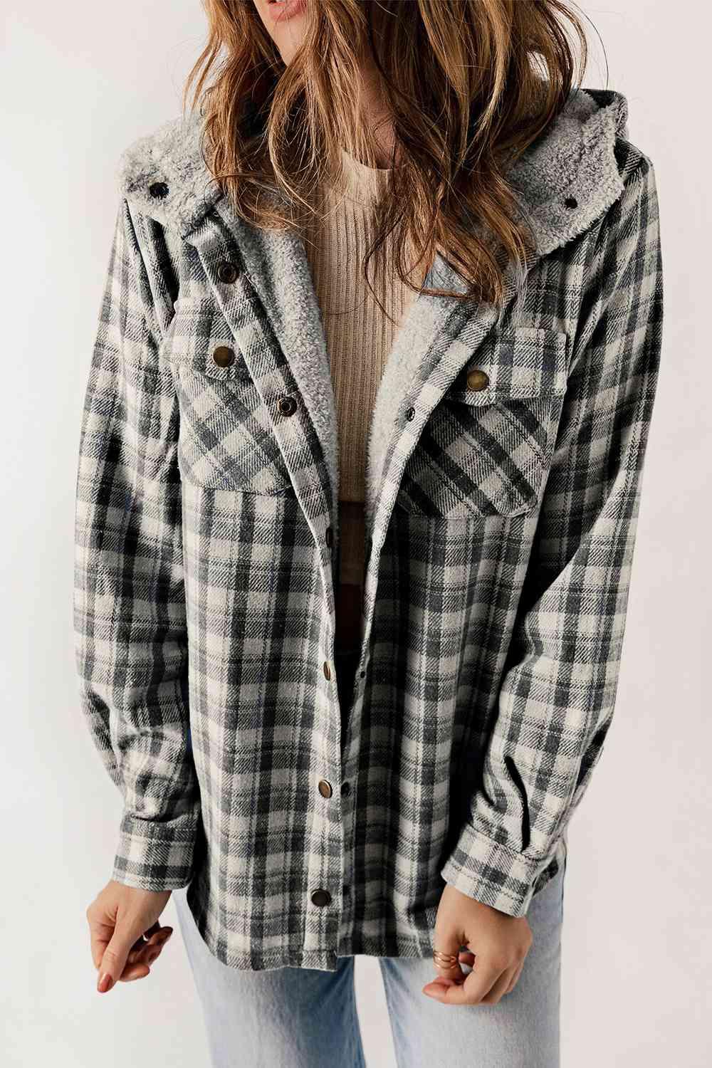 Plaid Snap Down Hooded Jacket - Browngold Fashion