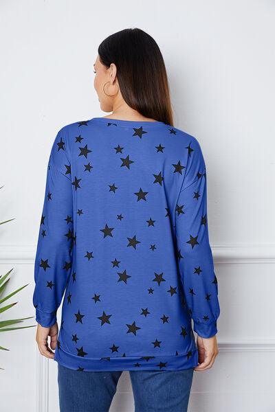 Star Print Round Neck Dropped Shoulder Sweatshirt - Browngold Fashion