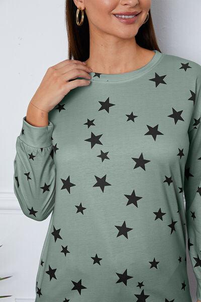 Star Print Round Neck Dropped Shoulder Sweatshirt - Browngold Fashion