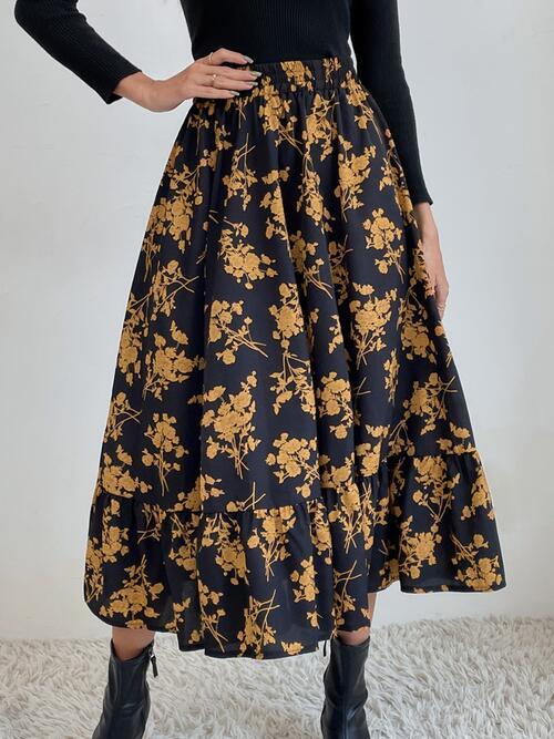 Printed Ruffle Hem Midi Skirt - Browngold Fashion