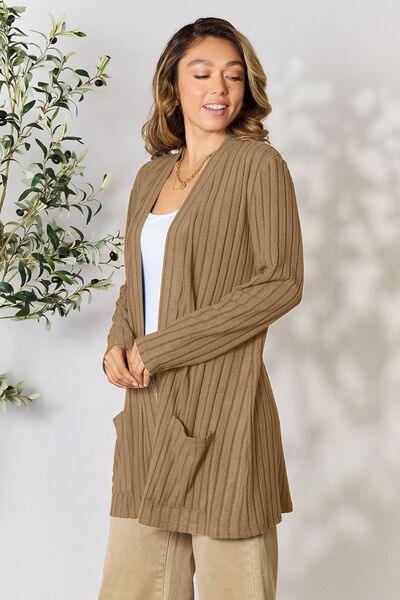 Basic Bae Full Size Ribbed Open Front Cardigan with Pockets - Browngold Fashion