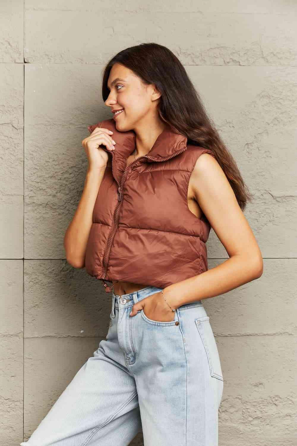 Zip-Up Drawstring Puffer Vest - Browngold Fashion