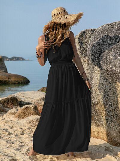 V-Neck Tie Shoulder Crochet Maxi Dress - Browngold Fashion