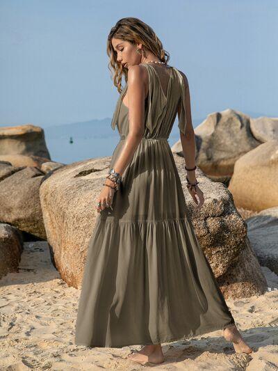 V-Neck Tie Shoulder Crochet Maxi Dress - Browngold Fashion