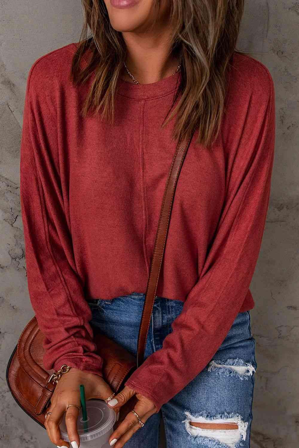 Seam Detail Round Neck Long Sleeve Top - Browngold Fashion