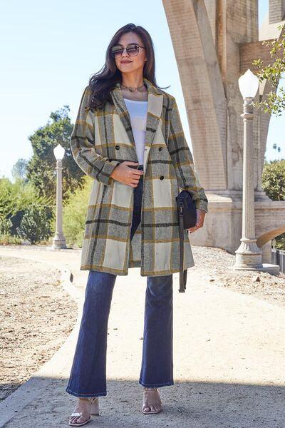 Double Take Full Size Plaid Button Up Lapel Collar Coat - Browngold Fashion