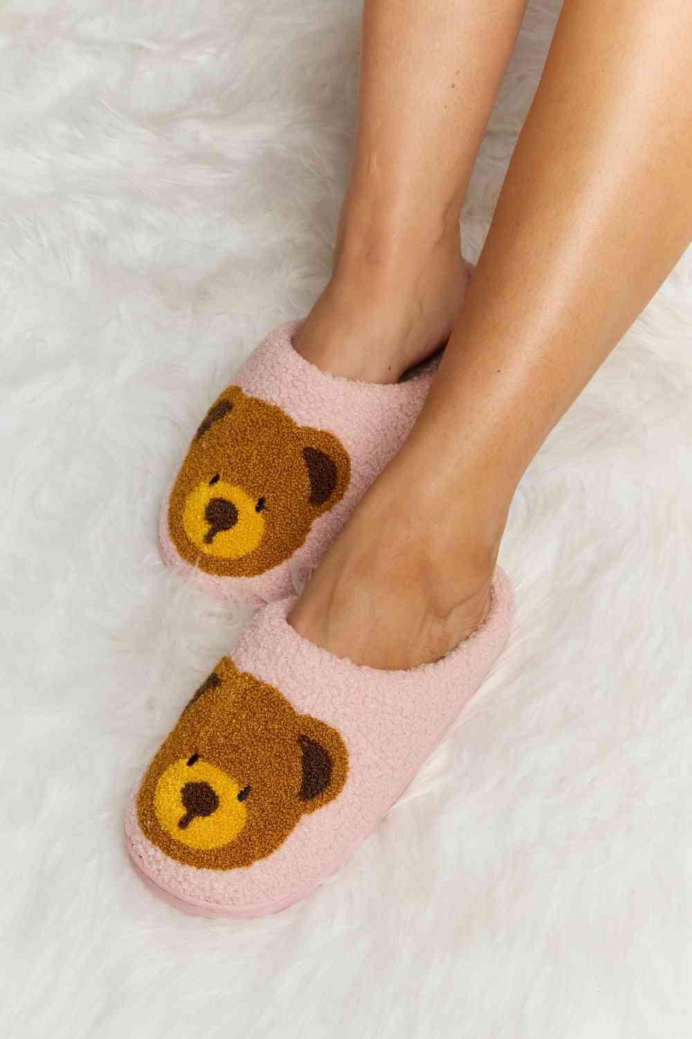 Melody Teddy Bear Print Plush Slide Slippers - Browngold Fashion