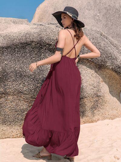 Crisscross Back Drawstring Ruffle Trim Maxi Dress - Browngold Fashion