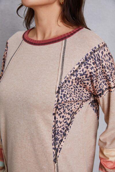 Contrast Stitching Leopard Long Sleeve Blouse - Browngold Fashion