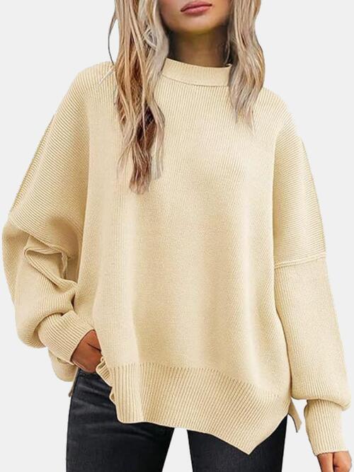 Round Neck Drop Shoulder Slit Sweater - Browngold Fashion