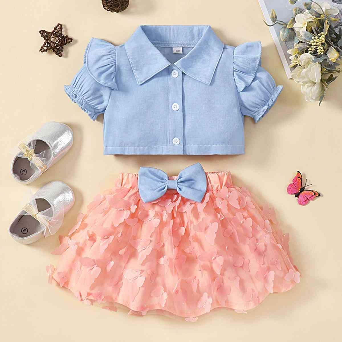 Ruffle Shoulder Shirt and Butterfly Applique Skirt Set - Browngold Fashion