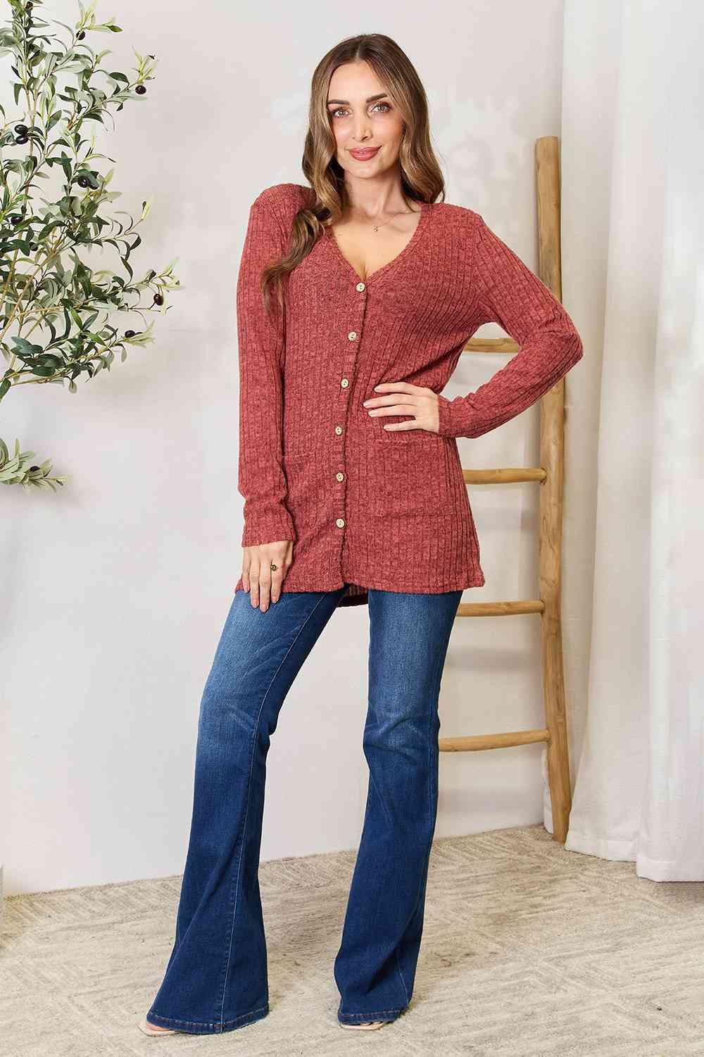 Double Take Ribbed Button-Up Cardigan with Pockets - Browngold Fashion