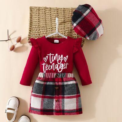 Letter Graphic Ruffle Trim Top and Plaid Skirt - Browngold Fashion