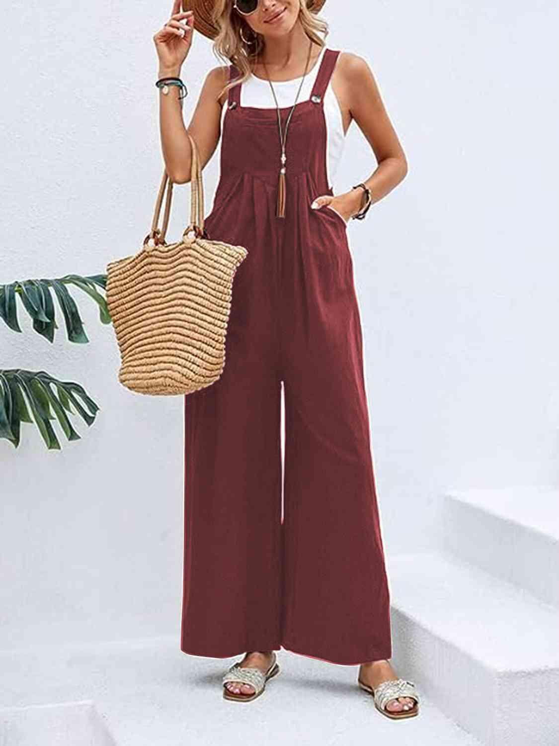 Full Size Wide Leg Overalls with Pockets - Browngold Fashion