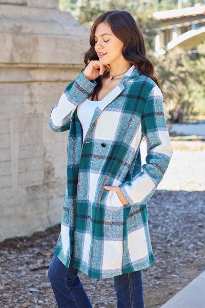 Double Take Full Size Plaid Button Up Lapel Collar Coat - Browngold Fashion