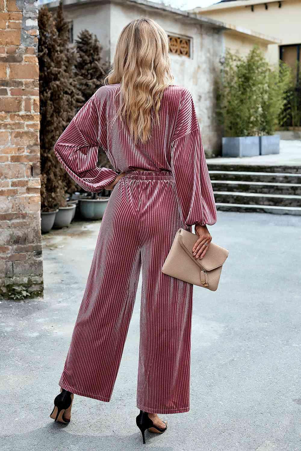 Round Neck Dropped Shoulder Top and Elastic Waist Pants Set - Browngold Fashion